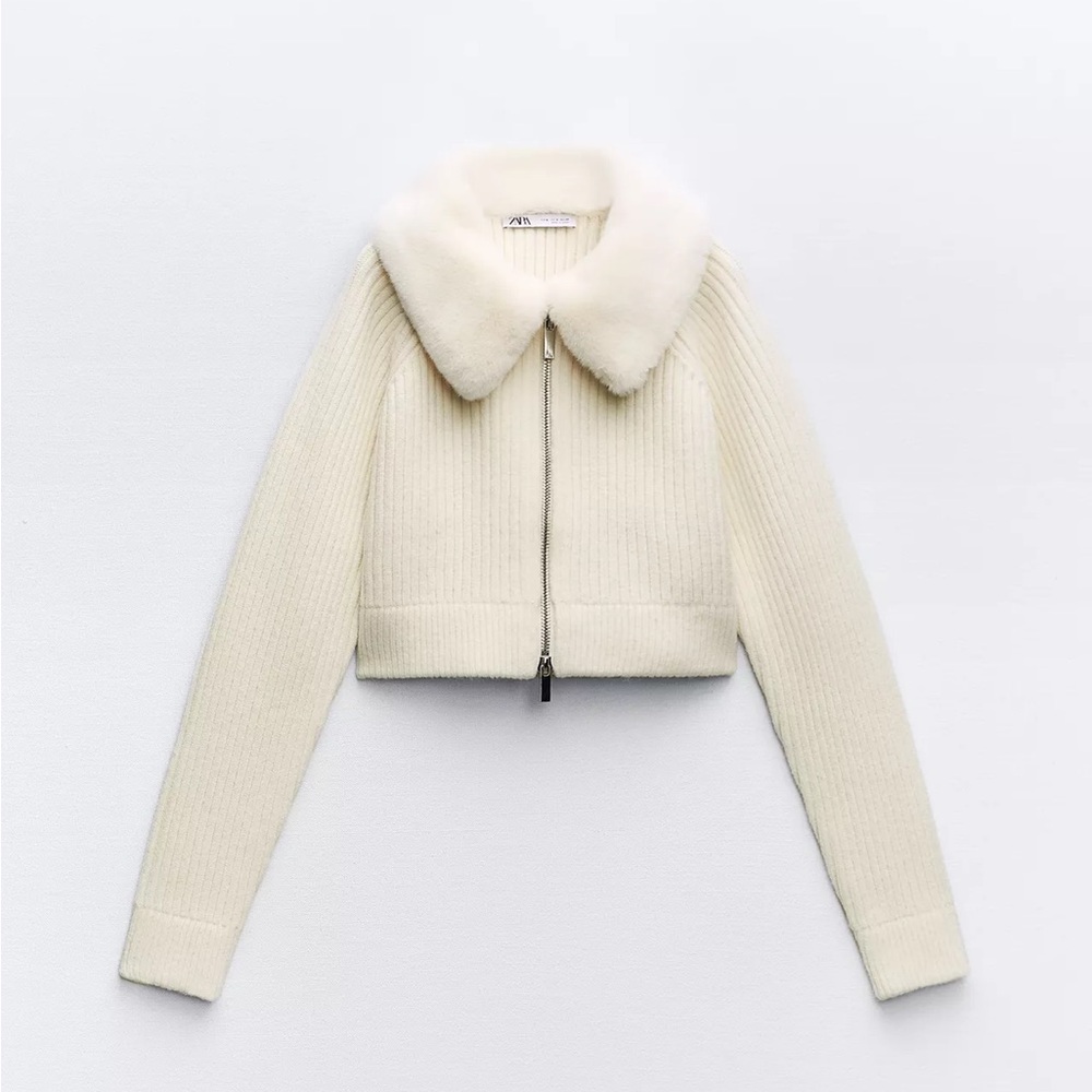 Zara Cream Ribbed Zip-Front Sweater with Faux Fur Collar